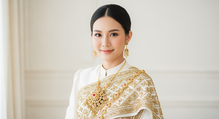 Thai bride wearing traditional white and gold wedding attire