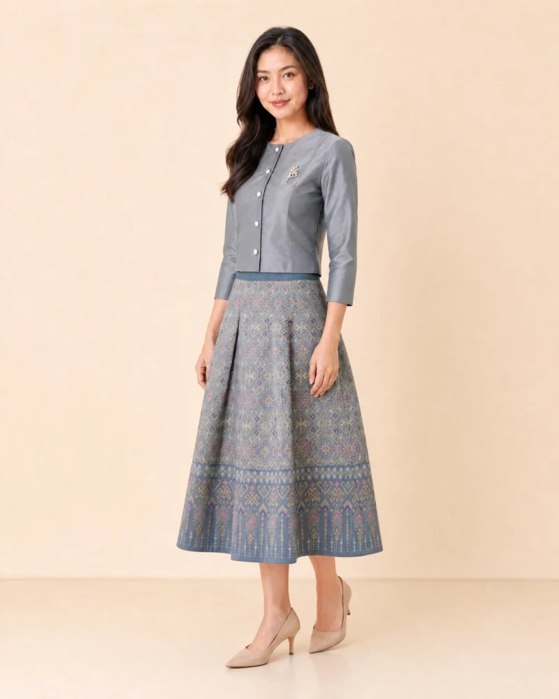 The Phailin Thai Silk Cropped Jacket & Brocade Skirt Set (Silver Grey)