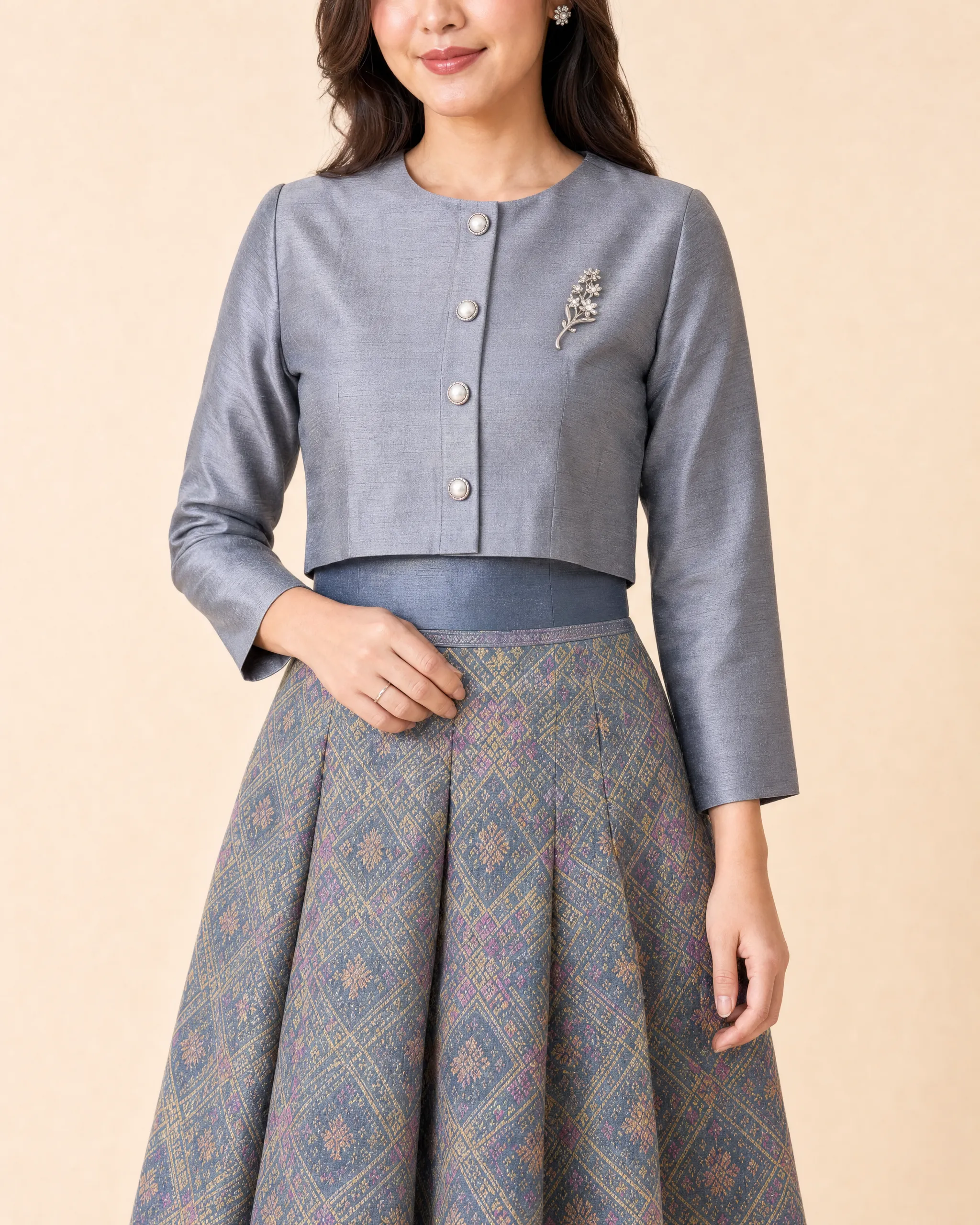 The Phailin Thai Silk Cropped Jacket & Brocade Skirt Set (Silver Grey) - Image 5