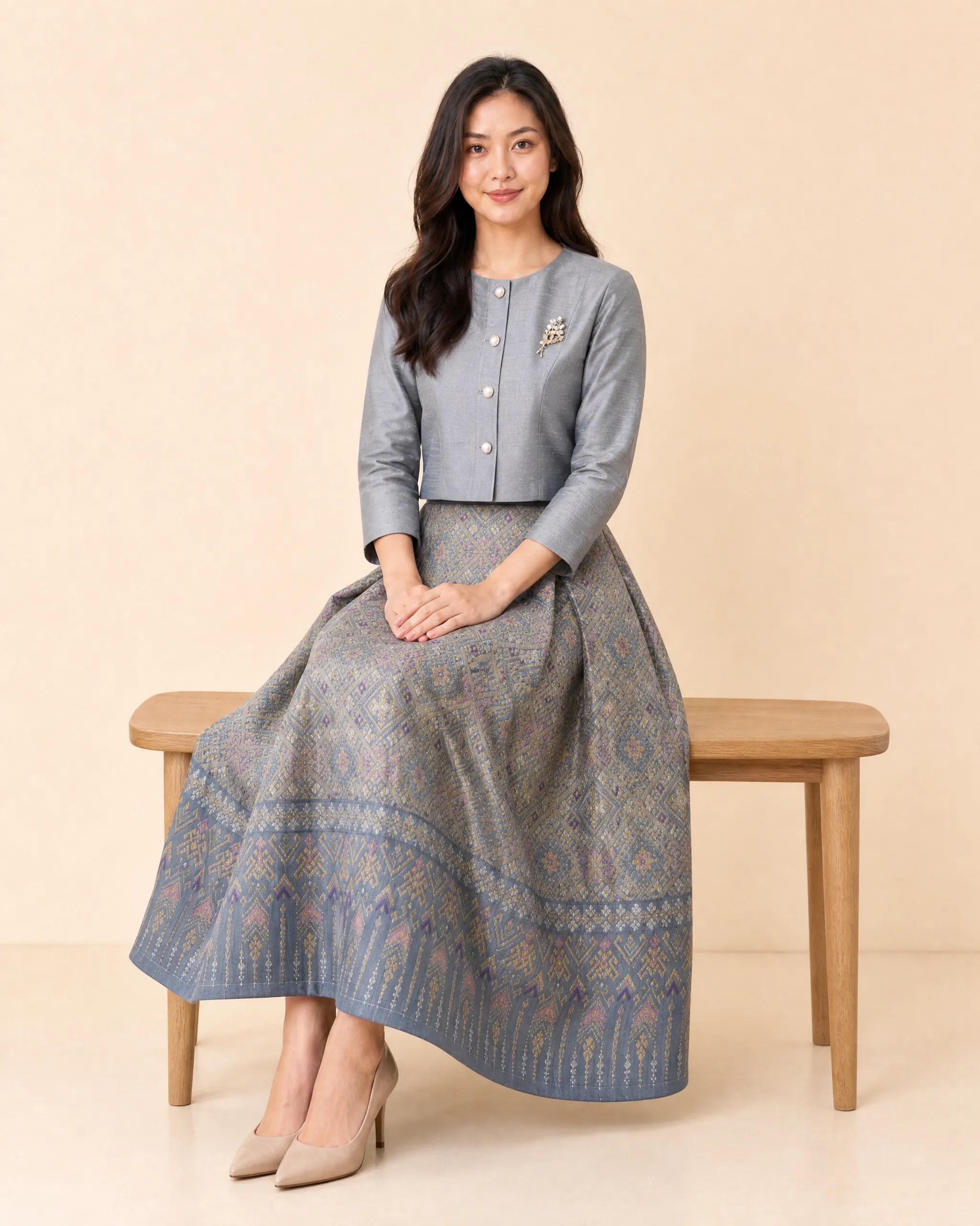 The Phailin Thai Silk Cropped Jacket & Brocade Skirt Set (Silver Grey) - Image 6