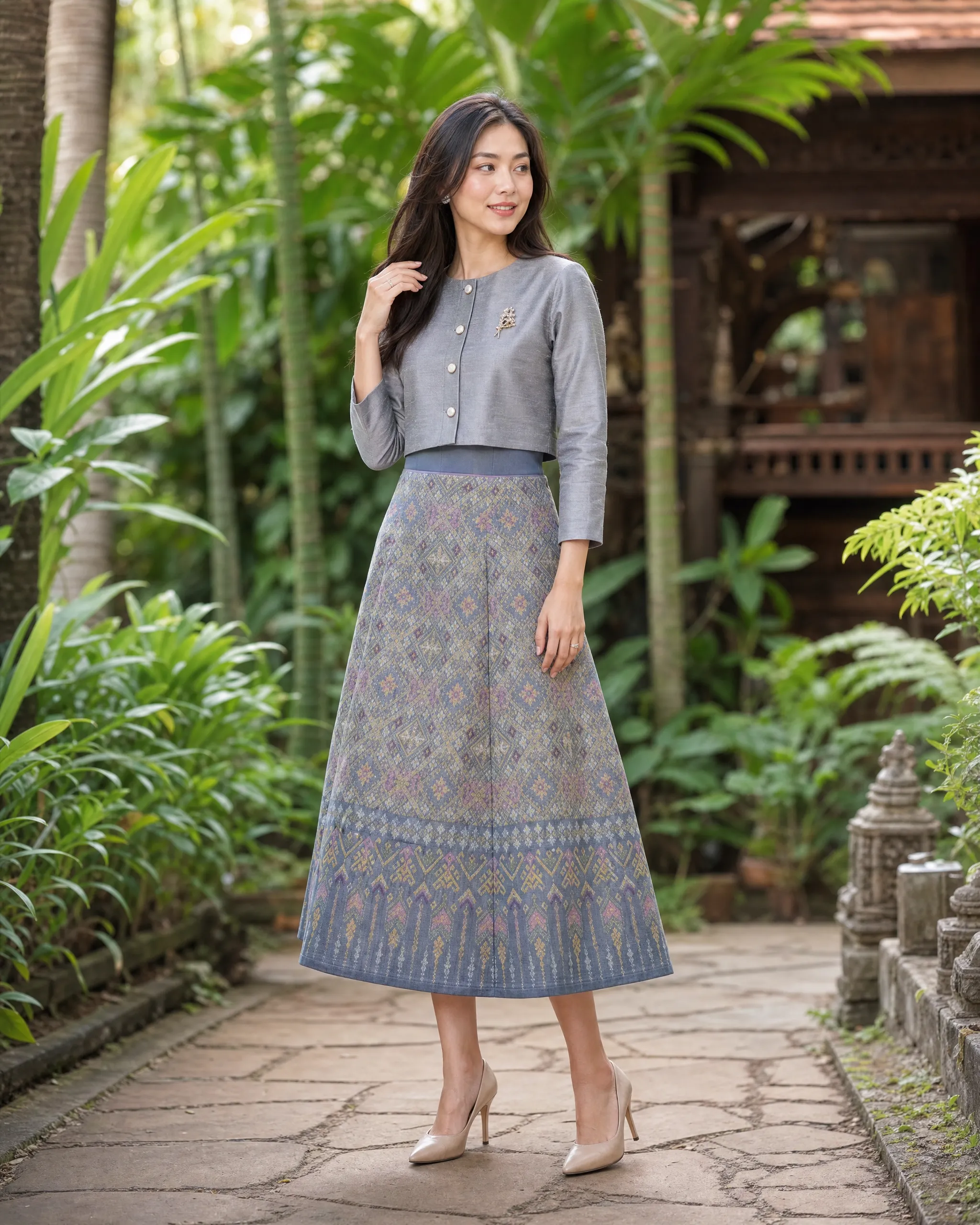 The Phailin Thai Silk Cropped Jacket & Brocade Skirt Set (Silver Grey) - Image 7