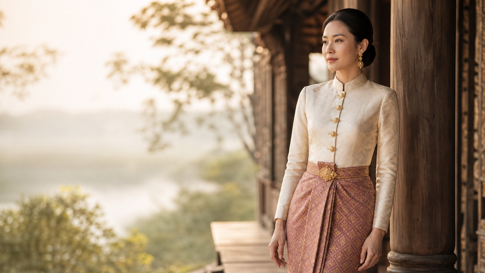 A woman wearing a Heritage Fit Thai silk blouse and Pha Sin
