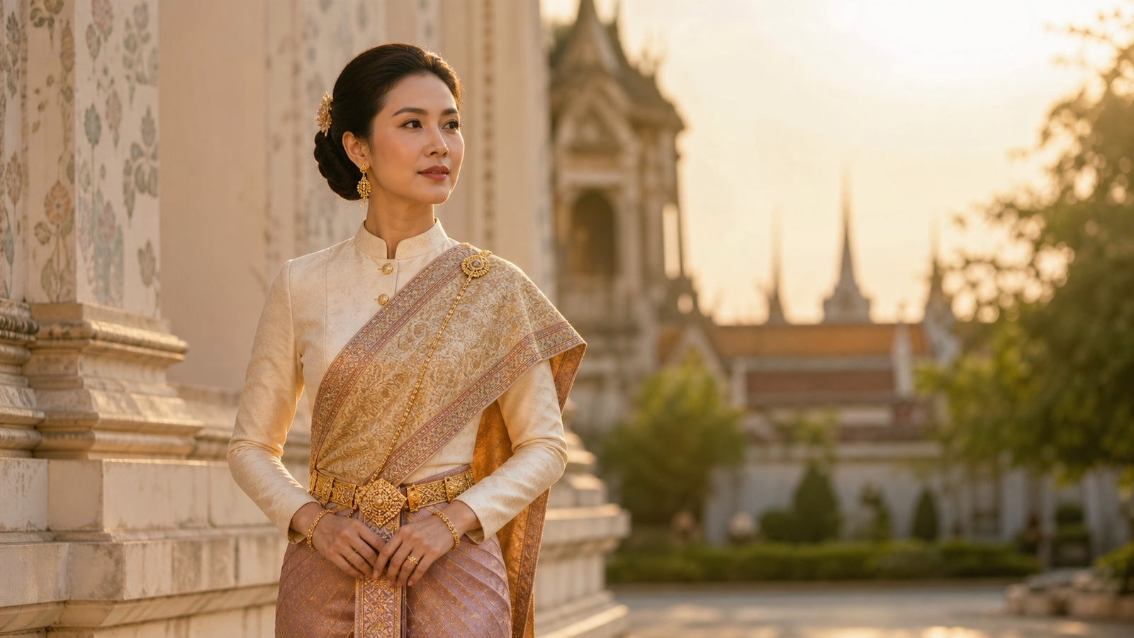 A woman wearing a Ceremonial Fit Chut Thai ensemble with Sabai