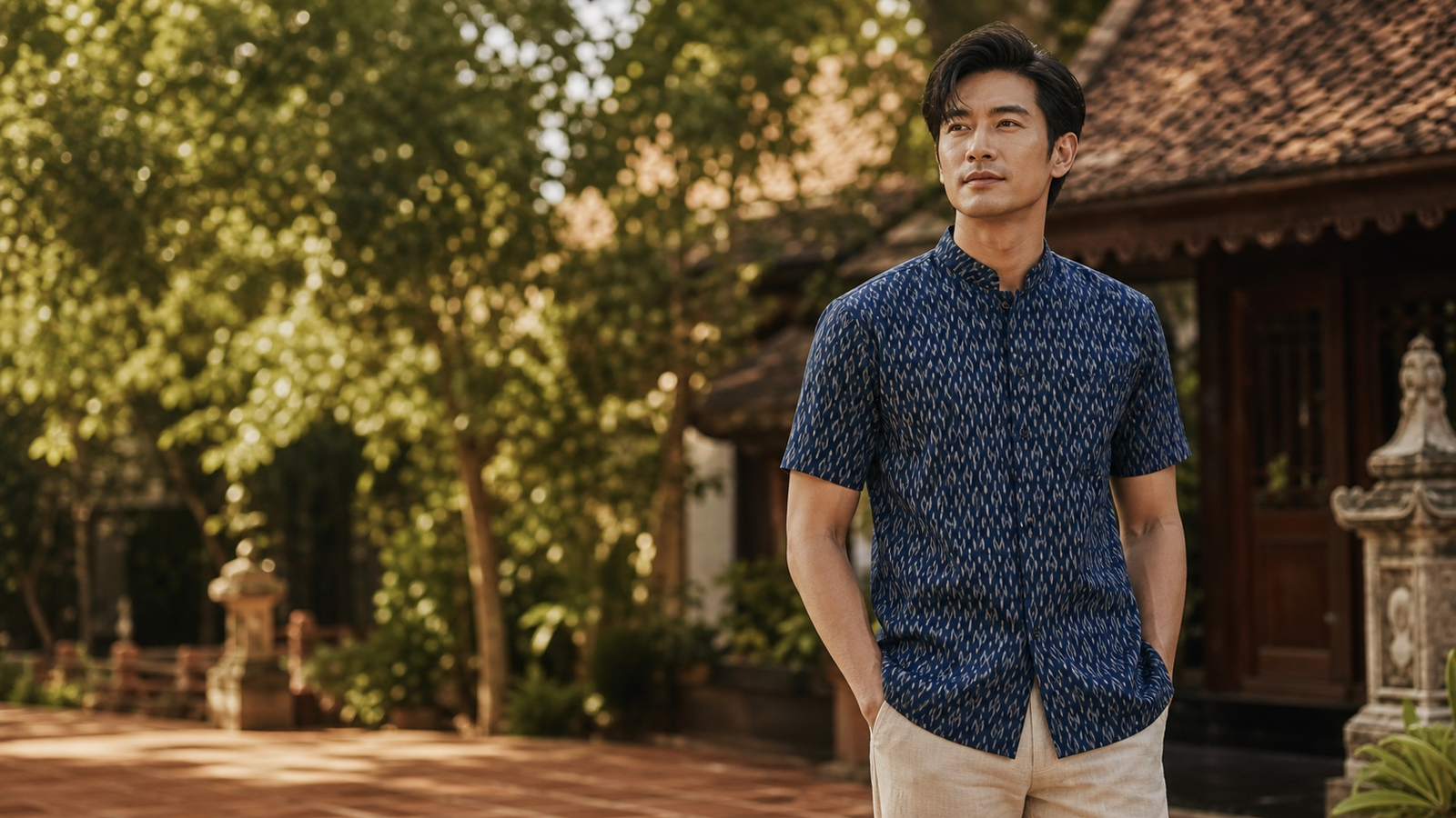 A man wearing a traditional Thai patterned shirt