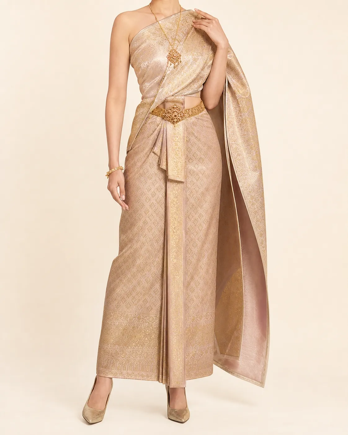 Chakri style Chut Thai: a long-sleeved blouse and pha sin with a sabai draped separately over one shoulder