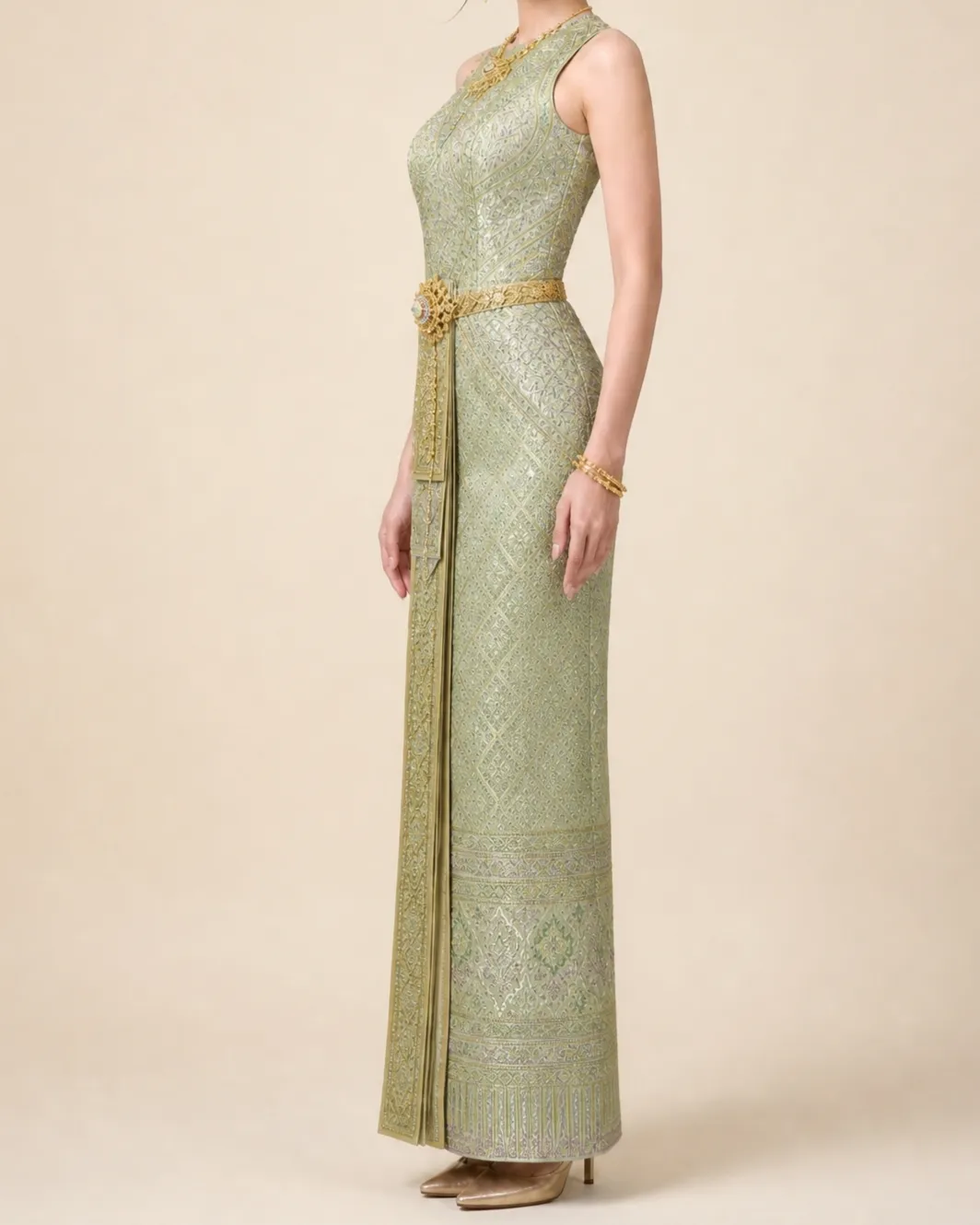 Dusit style Chut Thai: an ornate often sleeveless brocaded bodice sewn into the skirt