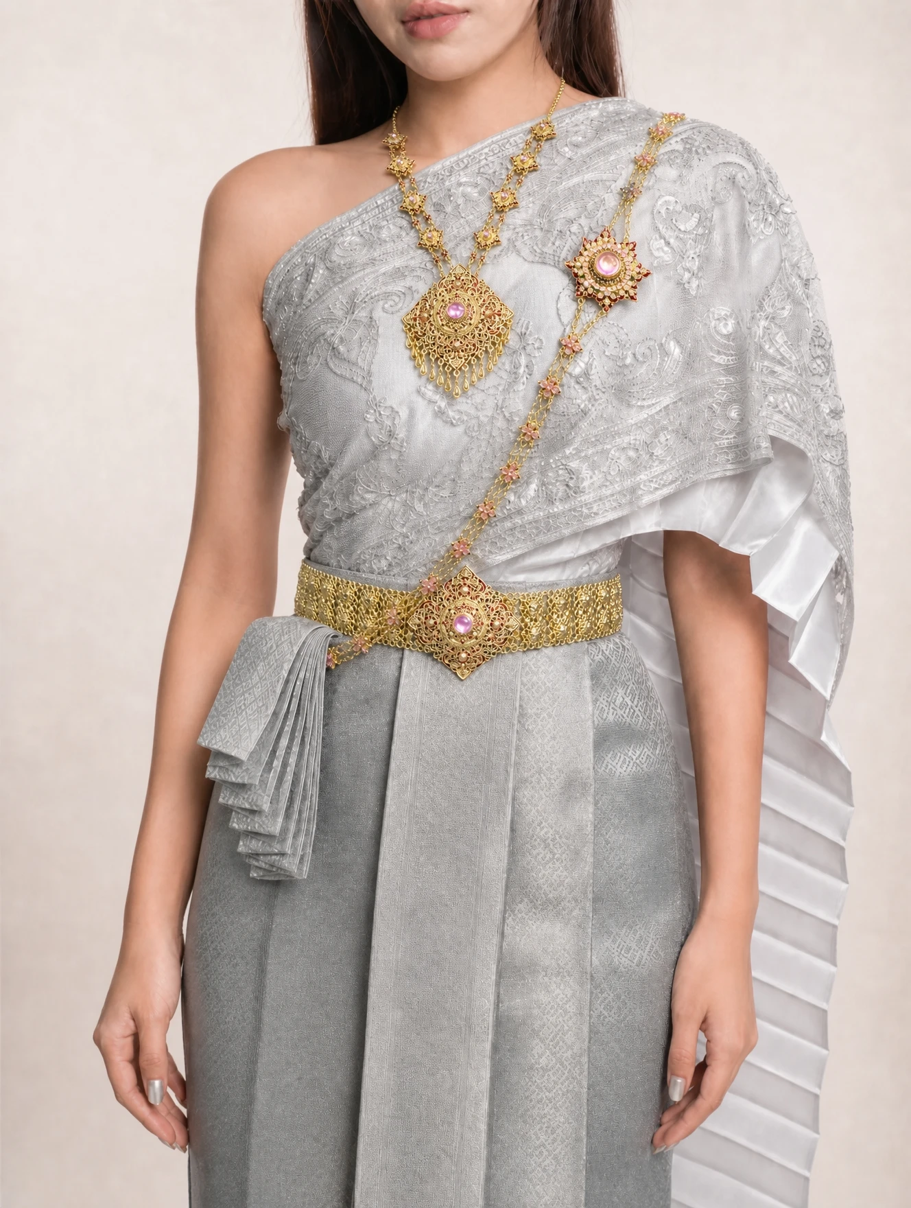 The Rachana Gold-Tone and Pink Thai Bridal Jewellery Set - Image 2