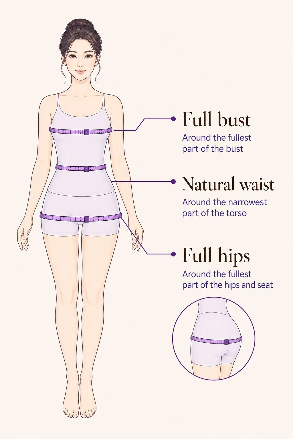 Women’s measurement diagram showing the full bust, natural waist and full hips