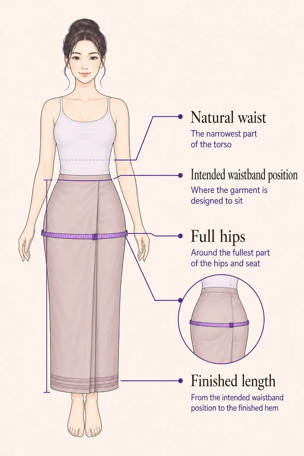 Pha Sin diagram showing the natural waist, intended waistband position, full hips and finished length