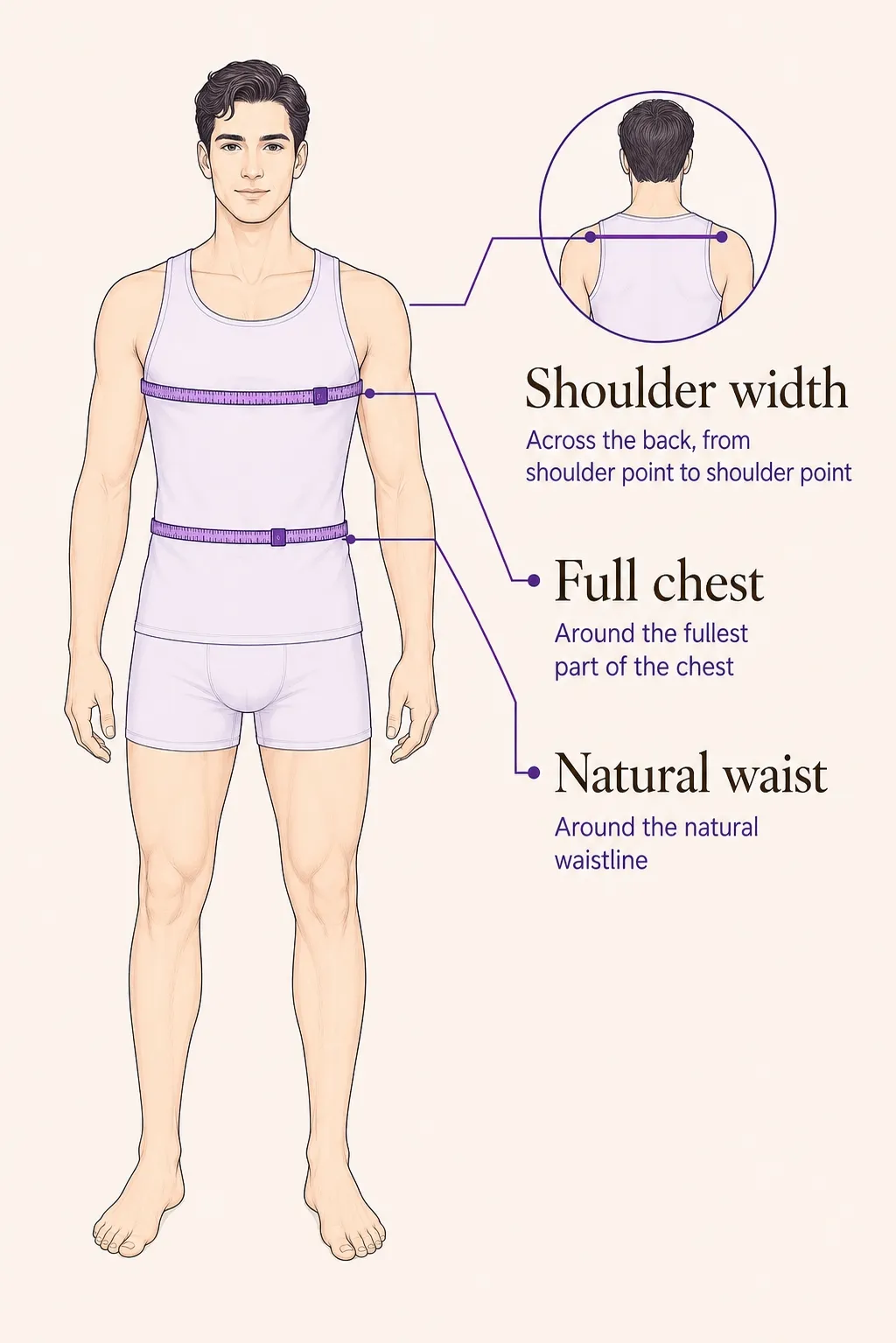 Men’s measurement diagram showing shoulder width, full chest and natural waist
