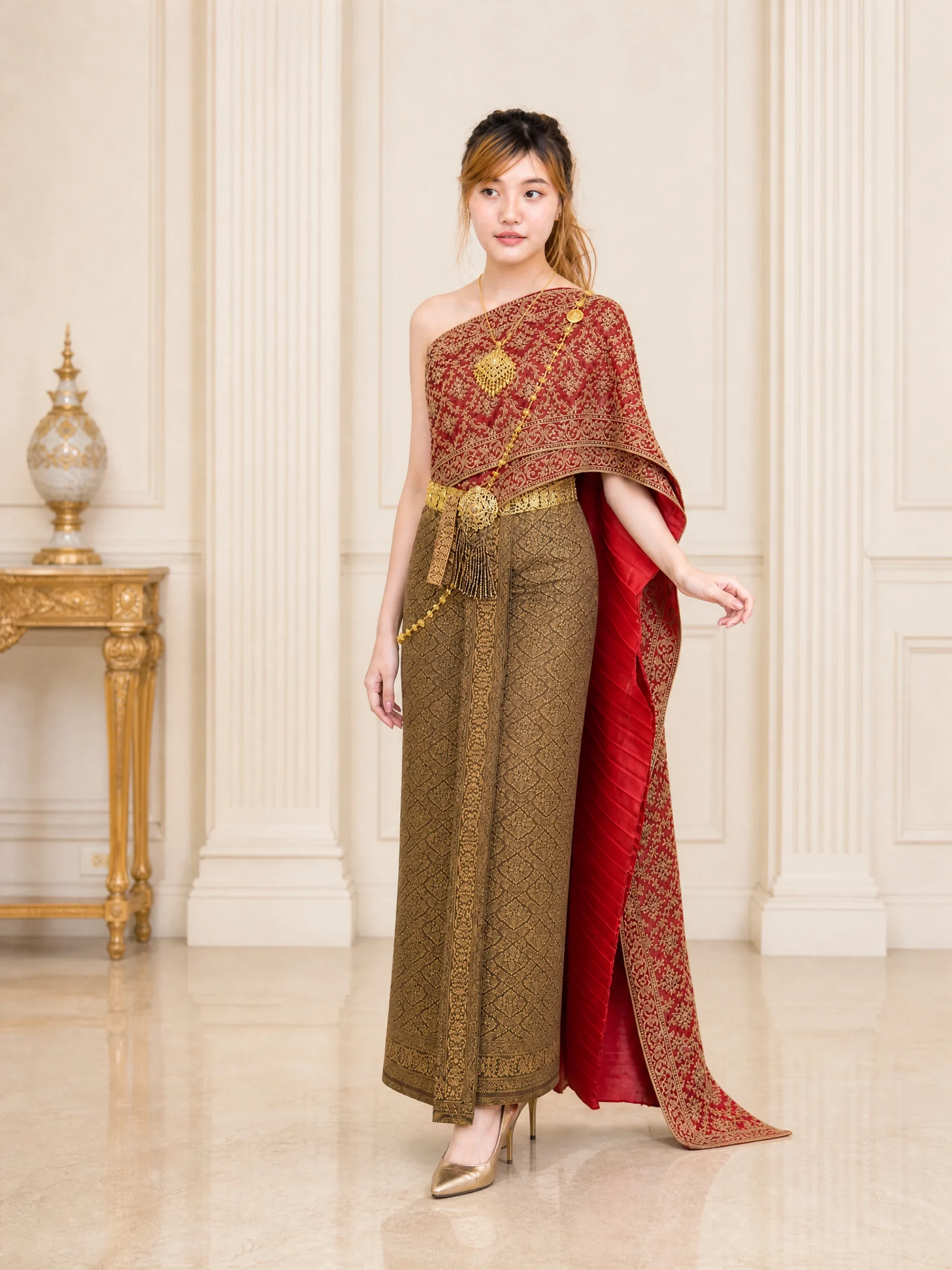 The Ketsara Three-Piece Thai Embroidered Sabai & Pha Thung Set
