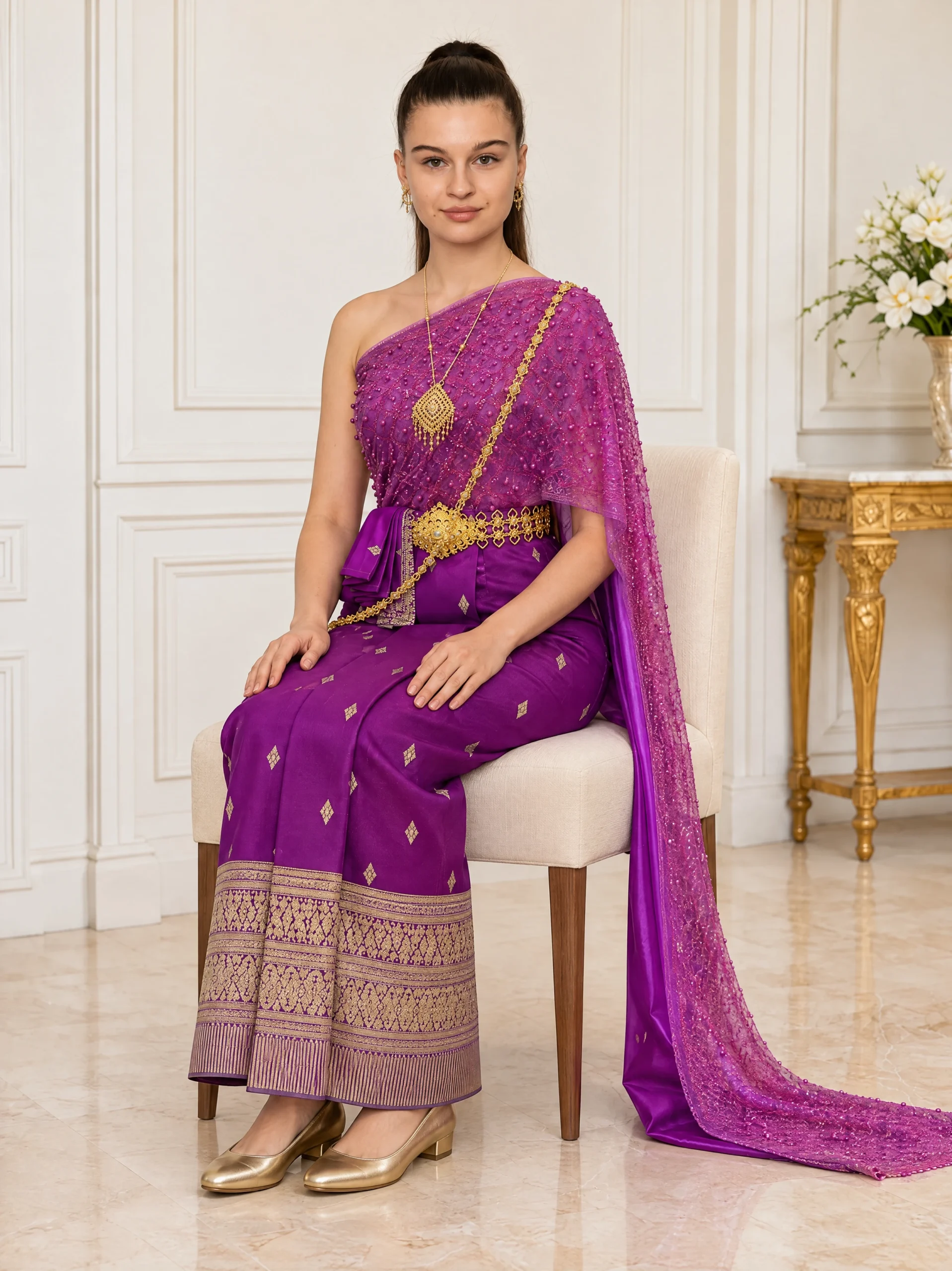 Malinee Purple Pearl-Embellished Sabai & Pha Thung Set - Image 3