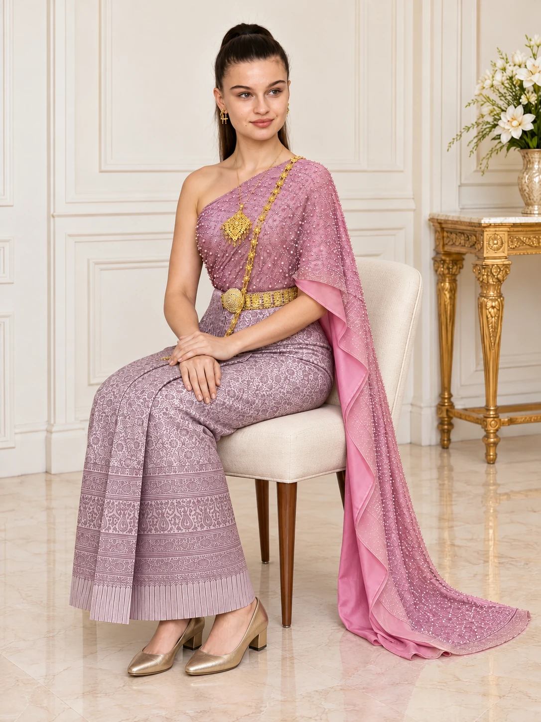 Malinee Purple Pearl-Embellished Sabai & Pha Thung Set - Image 2