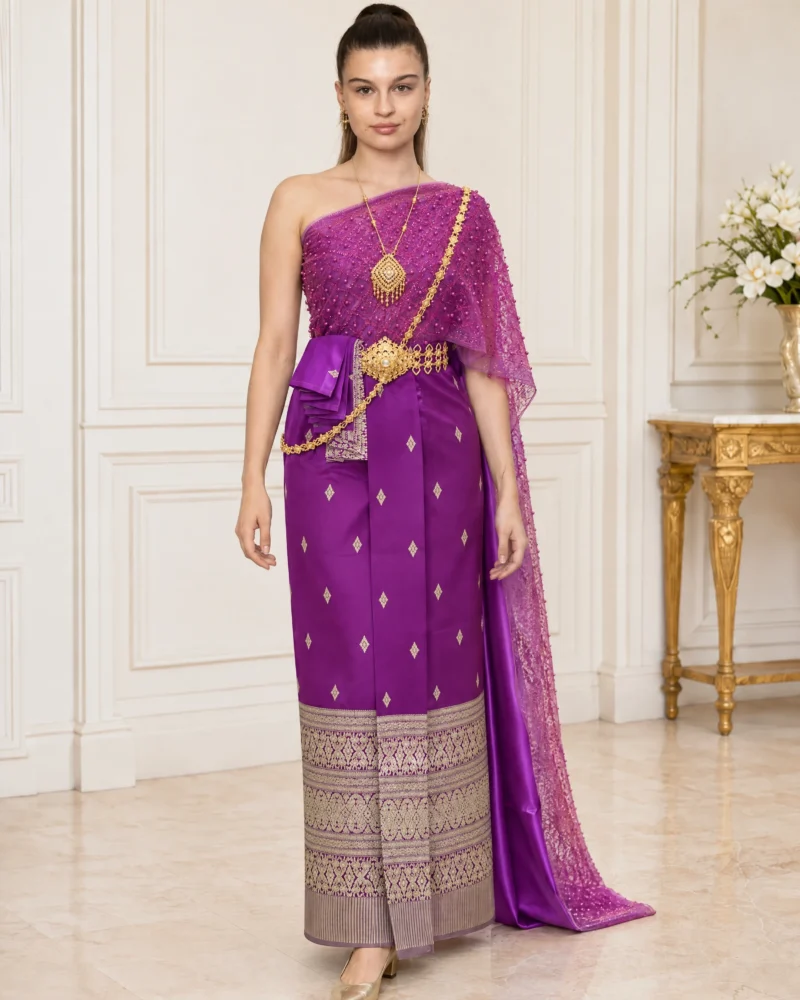Malinee Purple Pearl-Embellished Sabai & Pha Thung Set