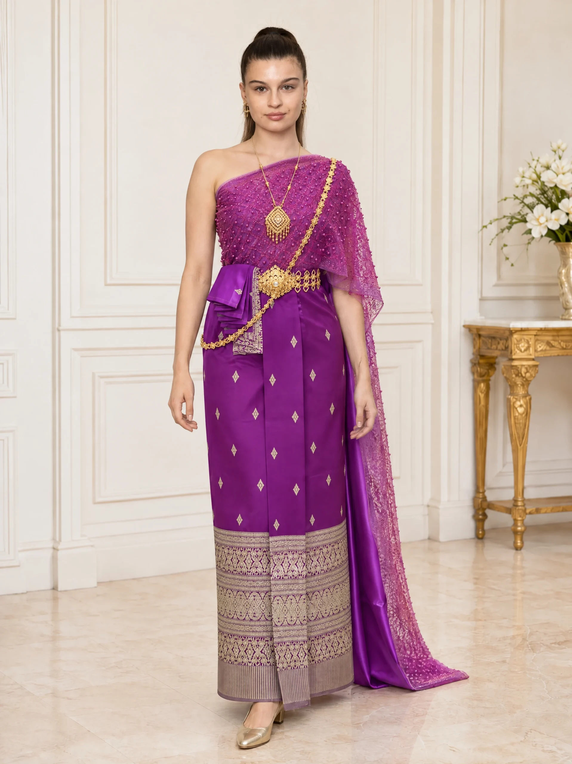 Malinee Purple Pearl-Embellished Sabai & Pha Thung Set