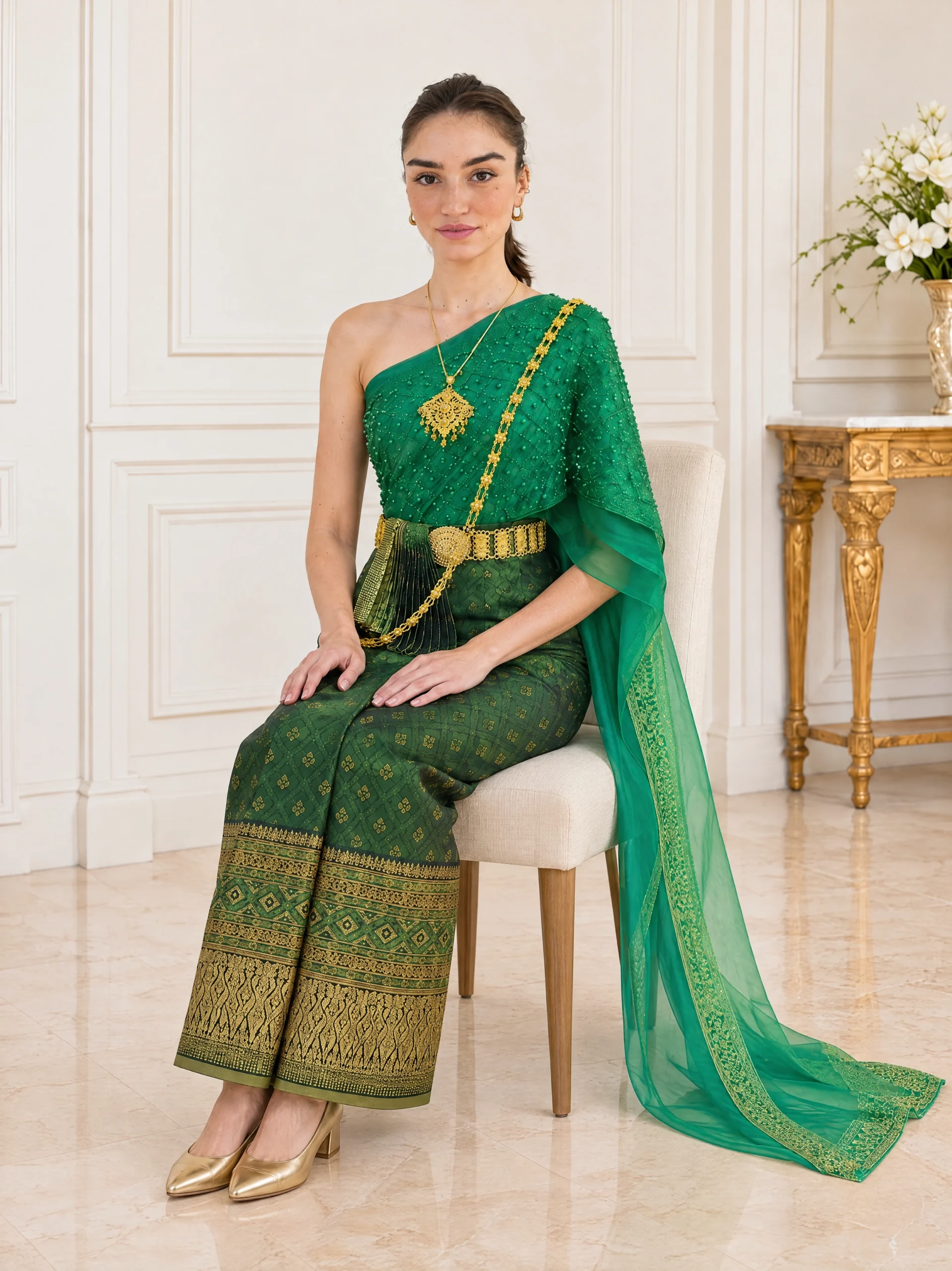 Nalin Green Pearl-Embellished Sabai & Pha Thung Set - Image 3