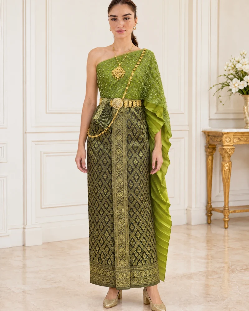 Nalin Green Pearl-Embellished Sabai & Pha Thung Set