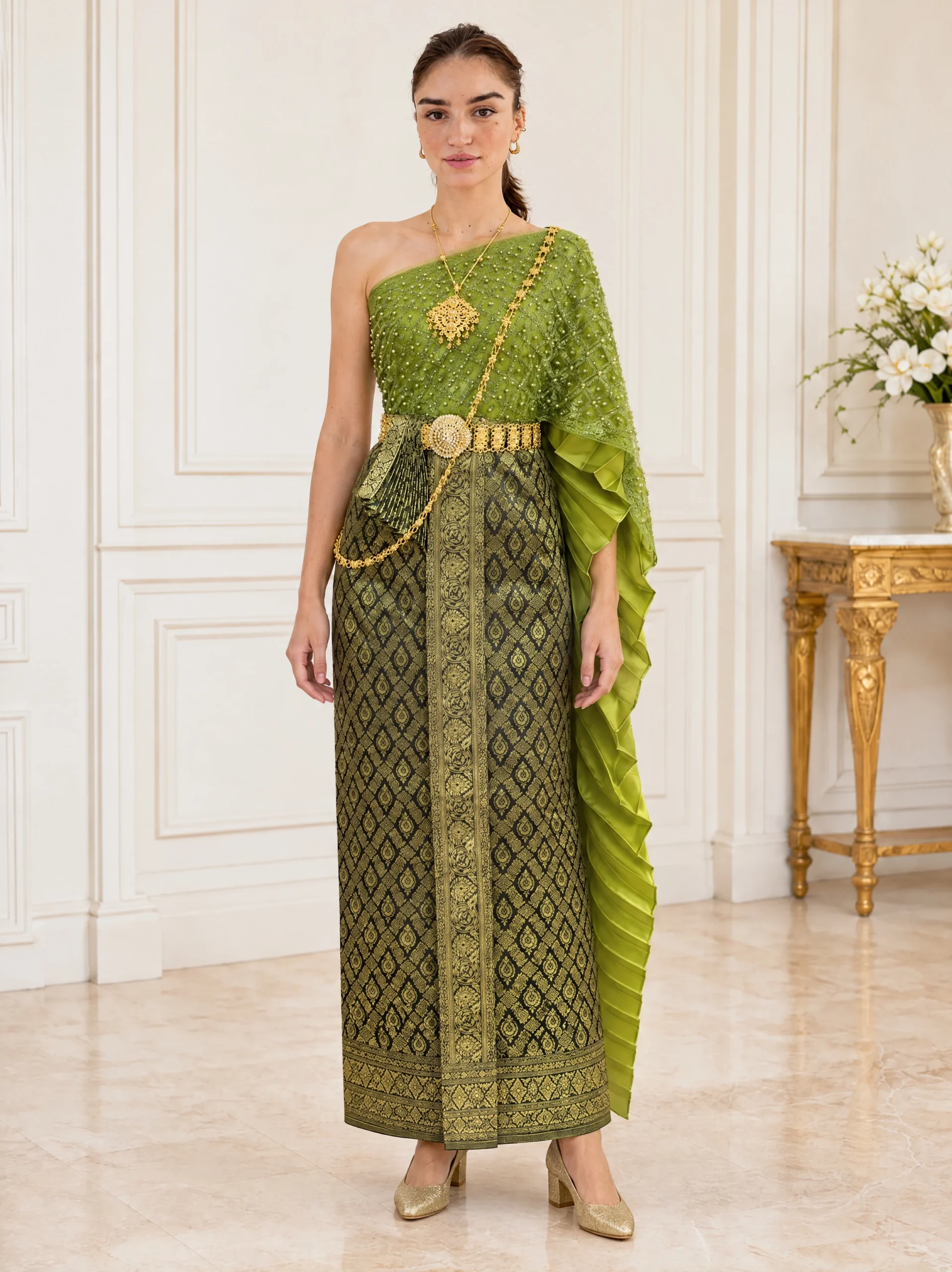 Nalin Green Pearl-Embellished Sabai & Pha Thung Set