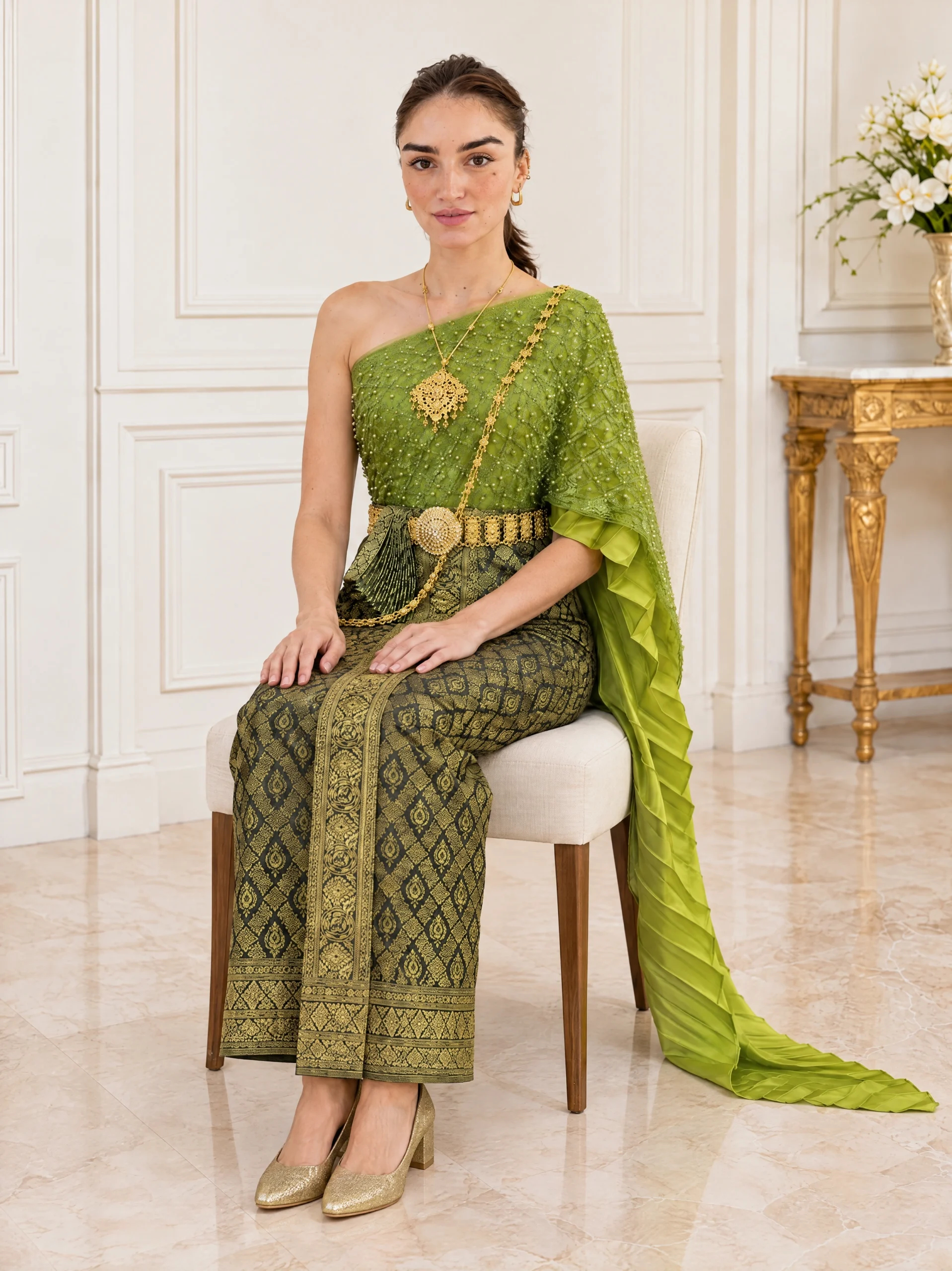 Nalin Green Pearl-Embellished Sabai & Pha Thung Set - Image 2