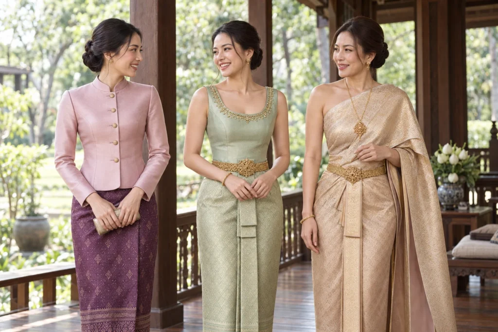 Three women wearing Chitralada in pink, sleeveless Dusit in green, and one-shoulder Chakri in gold, from left to right.