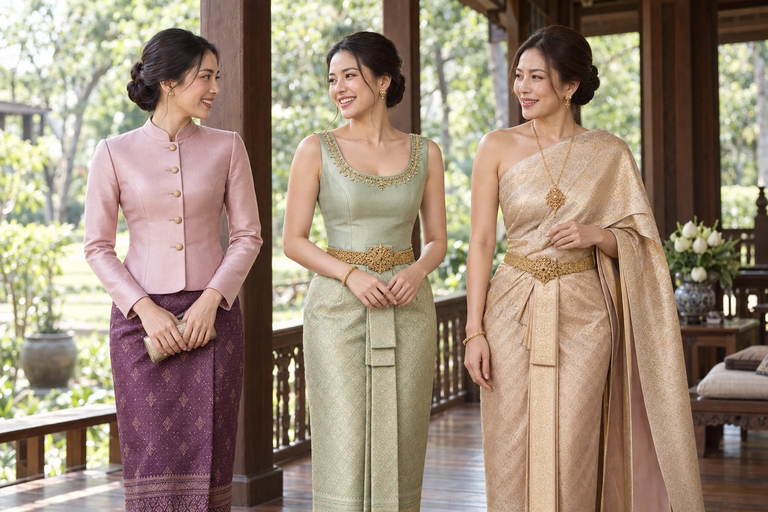 Three women wearing Chitralada in pink, sleeveless Dusit in green, and one-shoulder Chakri in gold, from left to right.