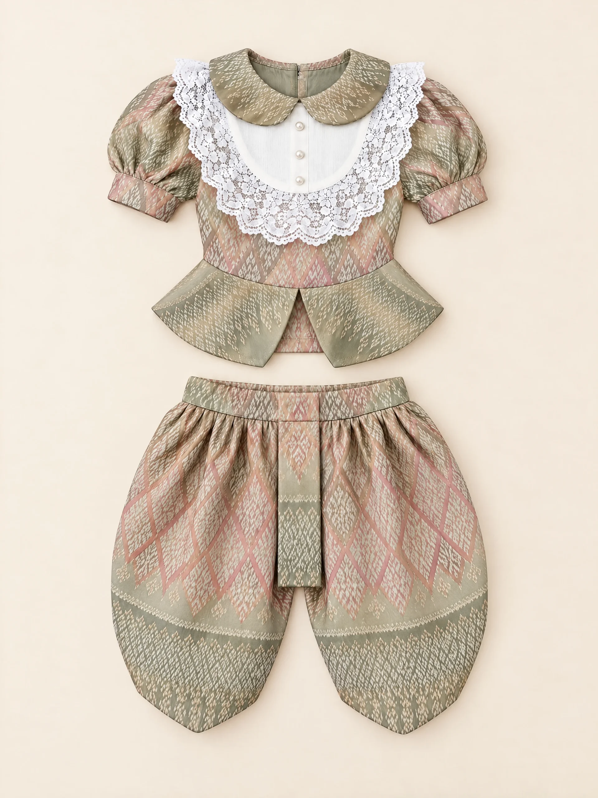 Ploydao Girls' Thai Blouse & Chong Kraben Set, Lace Collar - Image 4