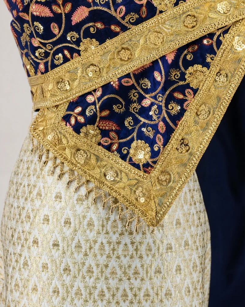 Phatcharin Thai Sabai - Navy - Pink Leaf - border and fringe detail