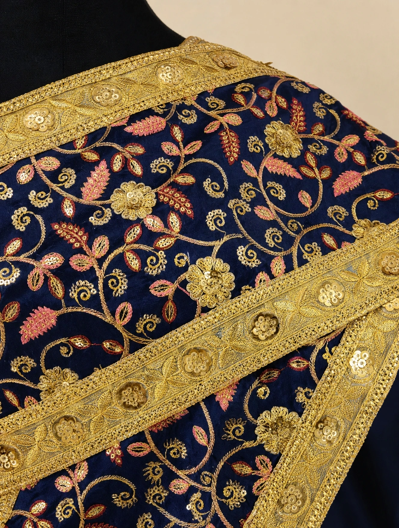 Phatcharin Thai Sabai - Navy - Pink Leaf - embroidery detail