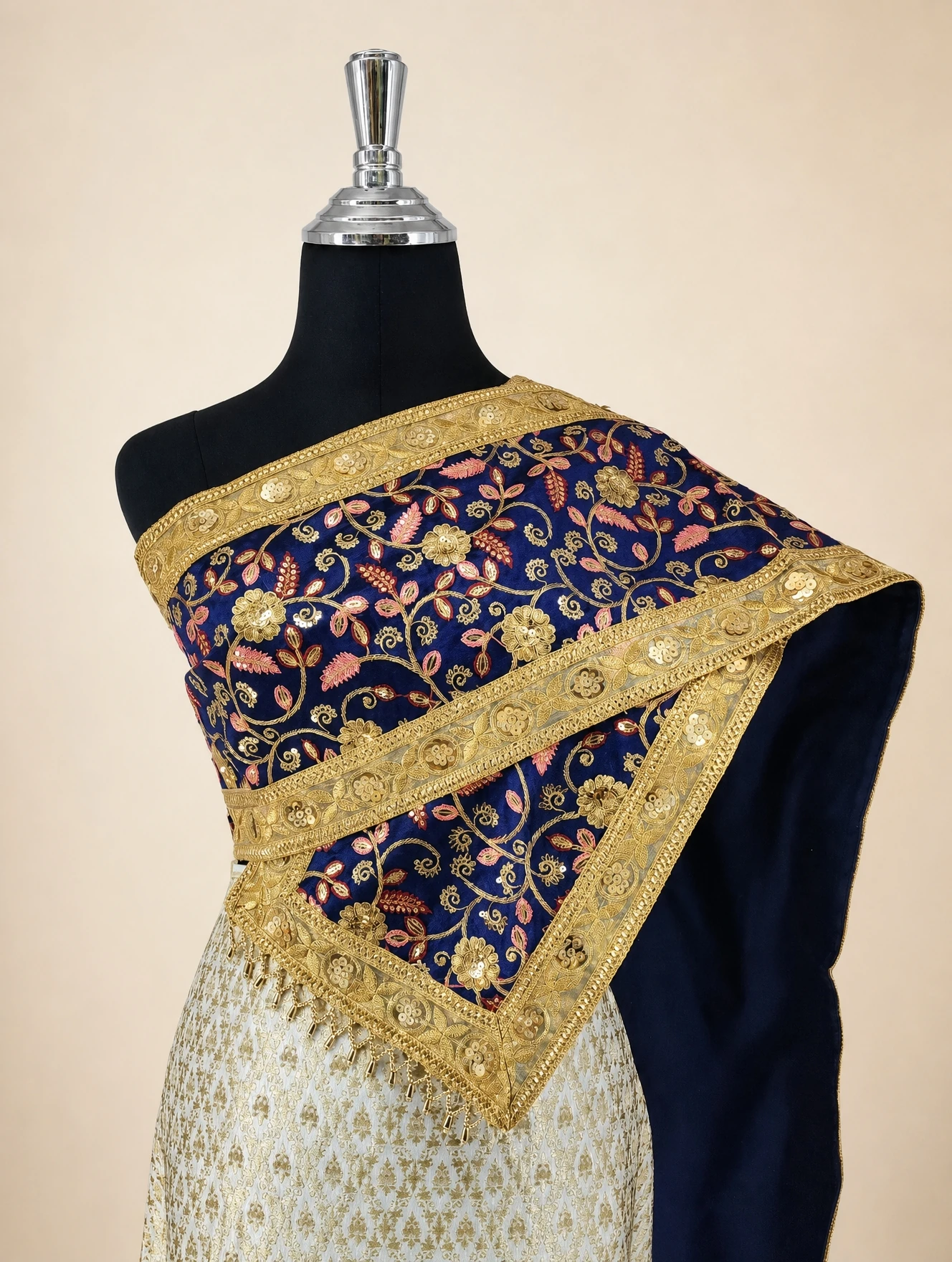 Phatcharin Thai Sabai - Navy - Pink Leaf - shoulder drape on mannequin