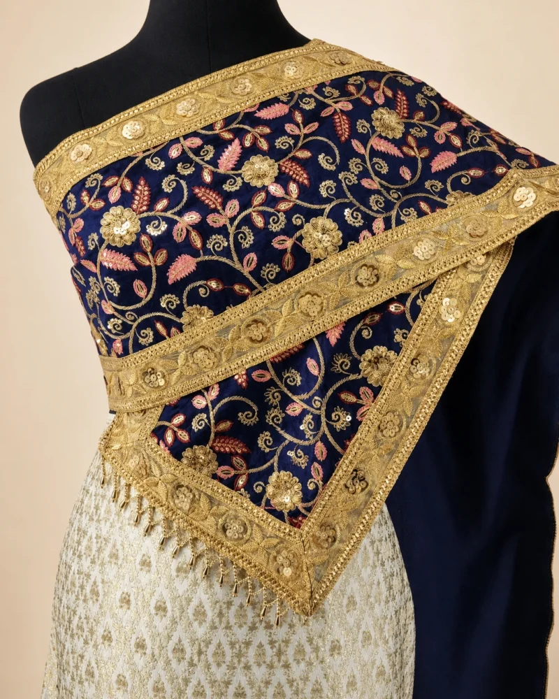 Phatcharin Thai Sabai - Navy - Pink Leaf - closer view of shoulder drape