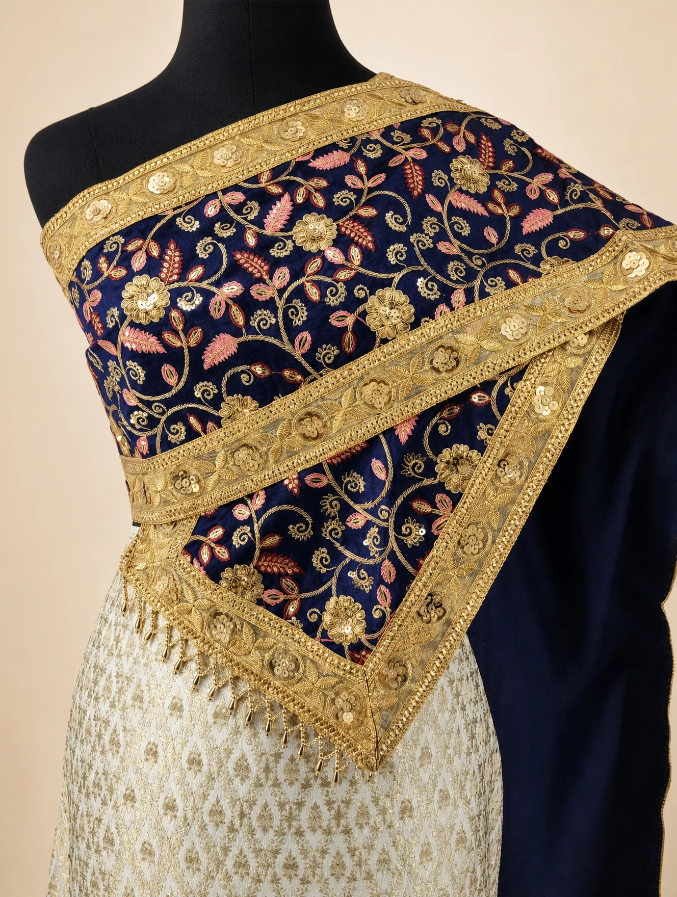 Phatcharin Thai Sabai - Navy - Pink Leaf - closer view of shoulder drape