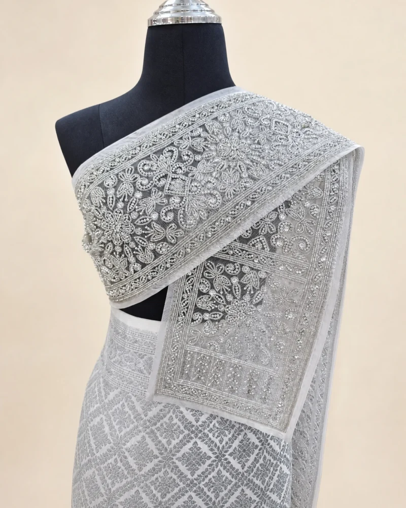 Chansuda beaded floral Thai sabai in white silver, main view