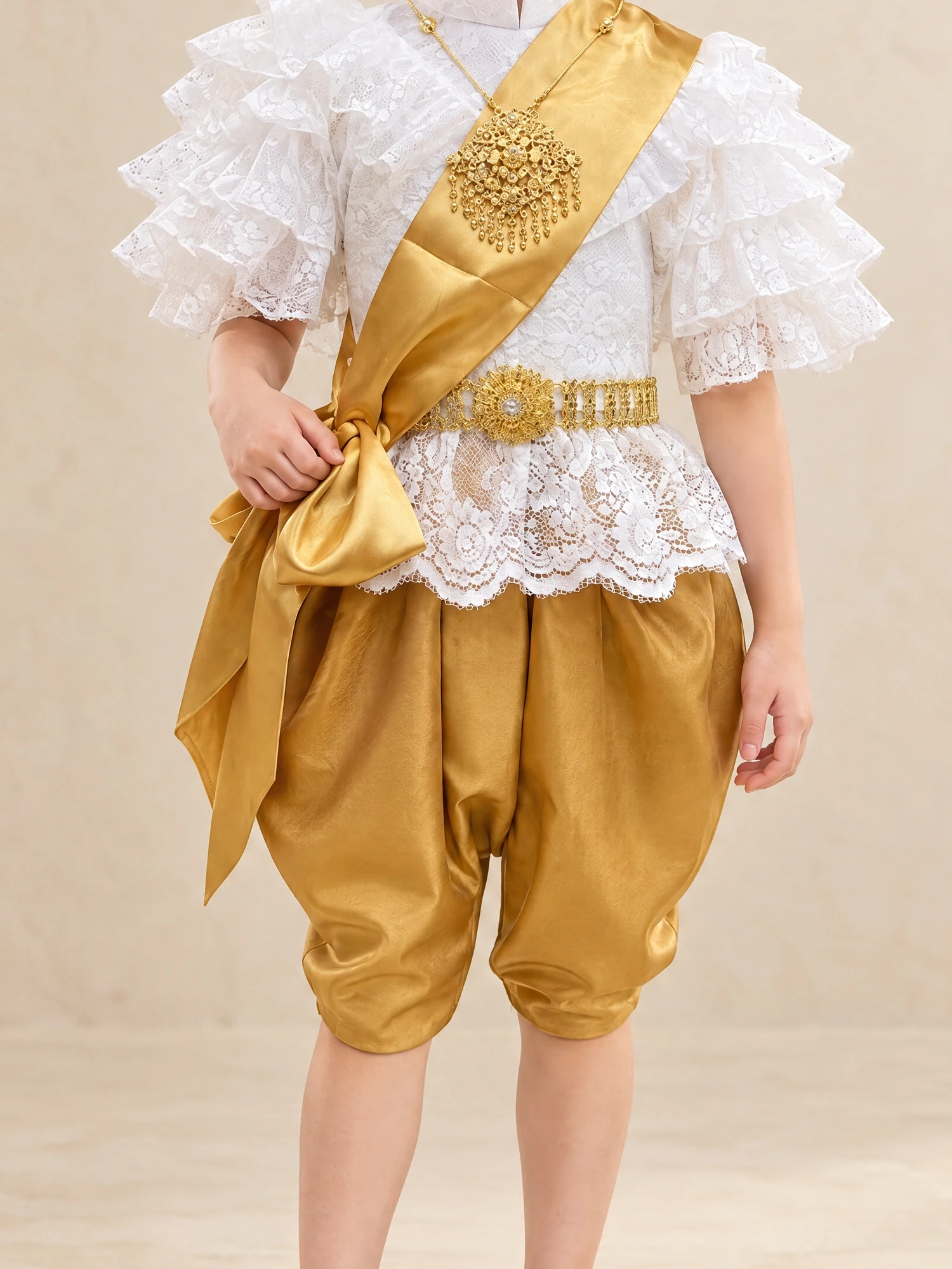 Nicha Girls' Lace Thai Blouse, Sash & Chong Kraben Set - Image 3