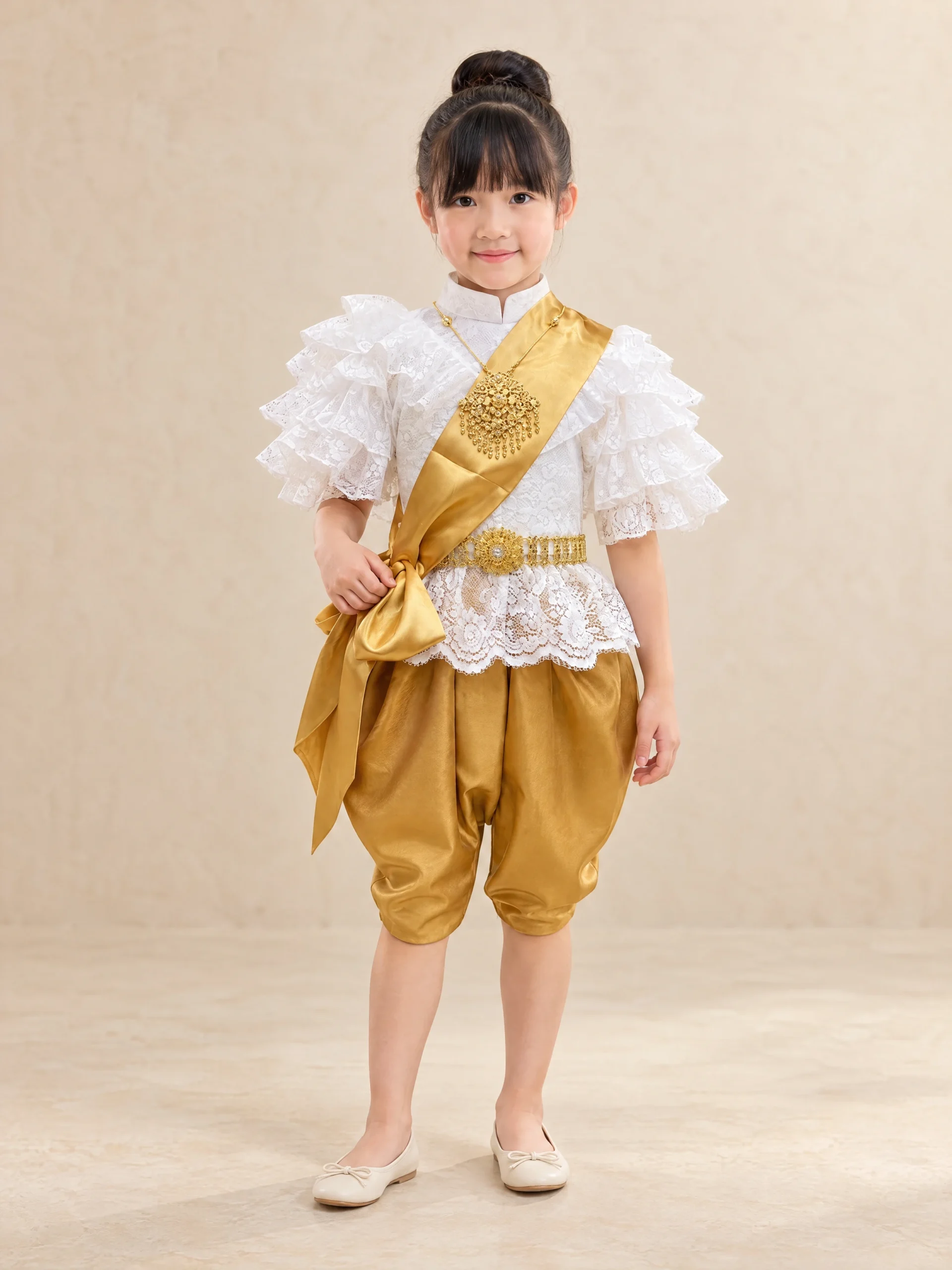 Nicha Girls' Lace Thai Blouse, Sash & Chong Kraben Set
