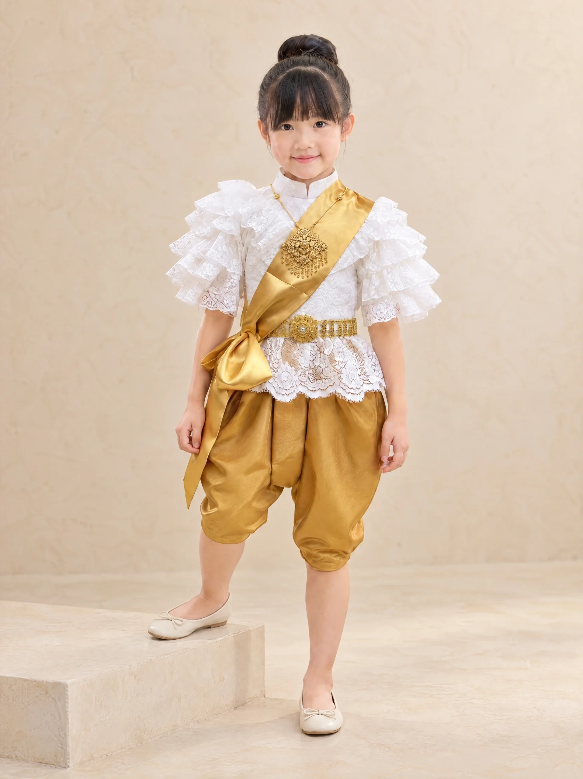 Nicha Girls' Lace Thai Blouse, Sash & Chong Kraben Set - Image 2
