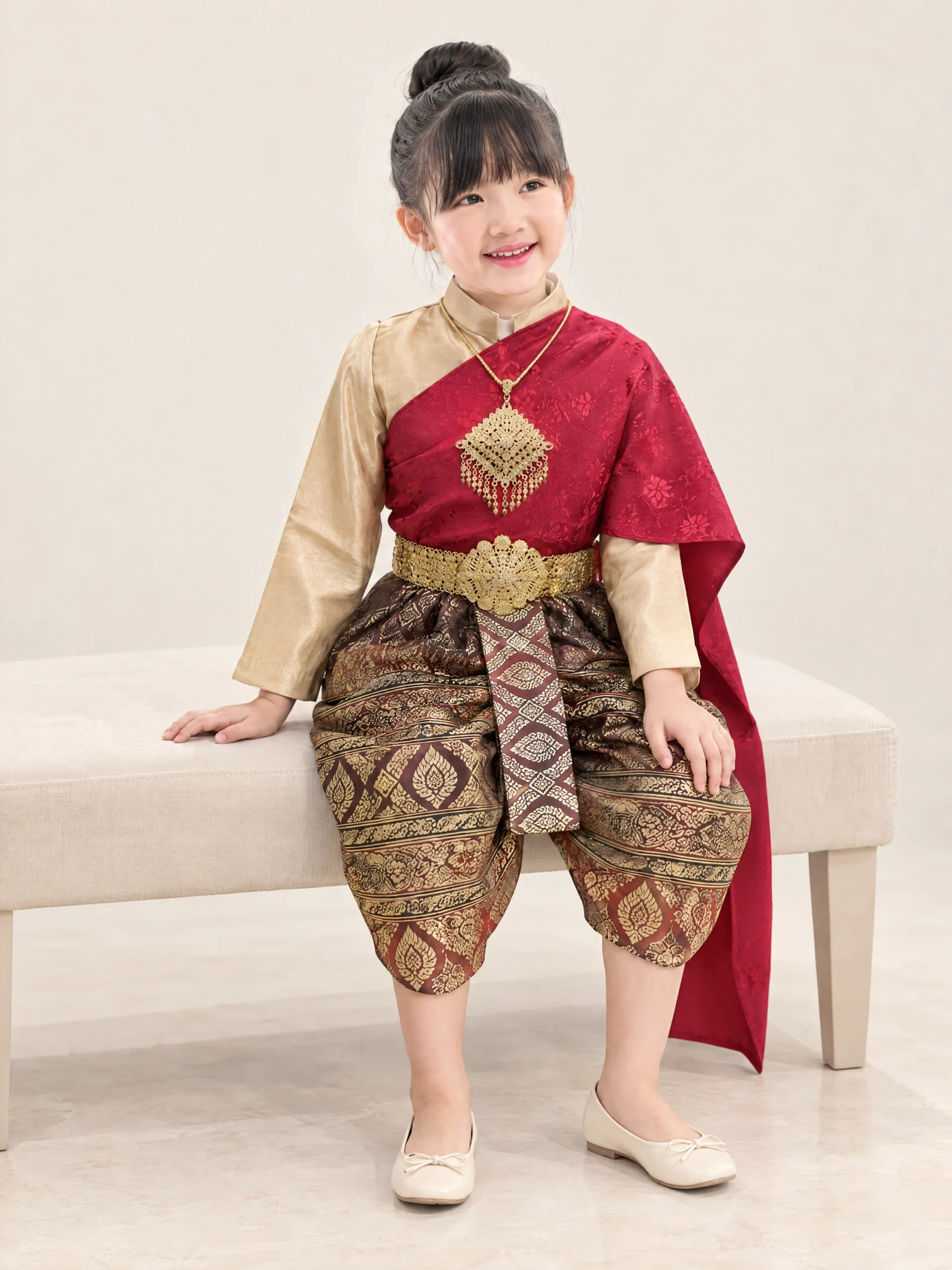 Chalisa Girls' Thai Blouse, Sabai & Chong Kraben Set - Image 2