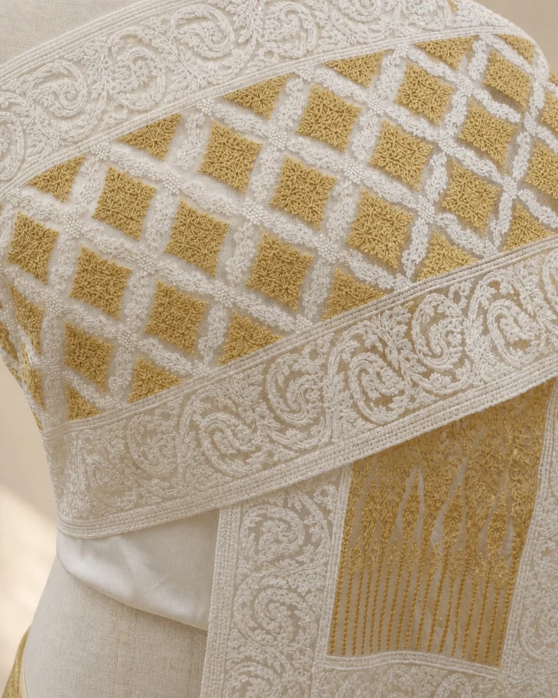 Kanchana embroidered Thai sabai in ivory & gold, detail view