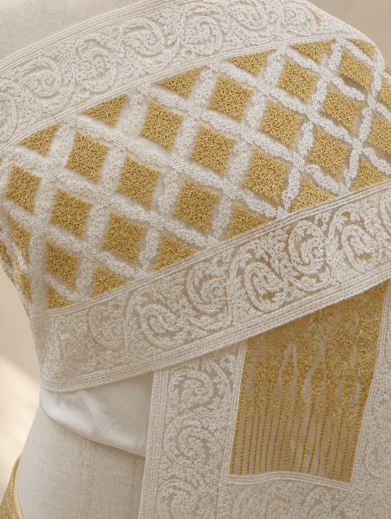 Kanchana embroidered Thai sabai in ivory & gold, detail view