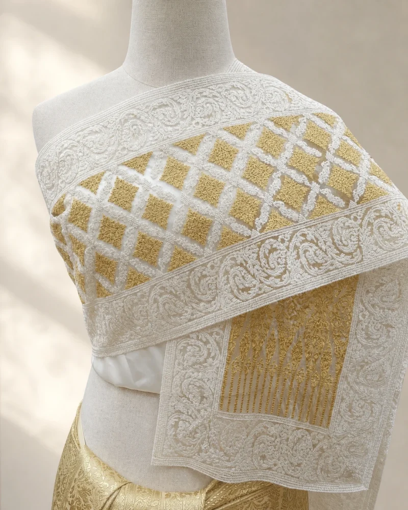 Kanchana embroidered Thai sabai in ivory & gold, main view