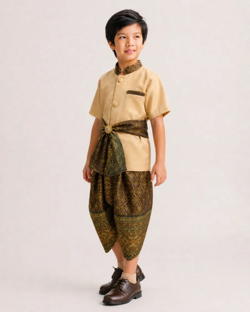 Kavin boys' Thai outfit in brown gold, turn view