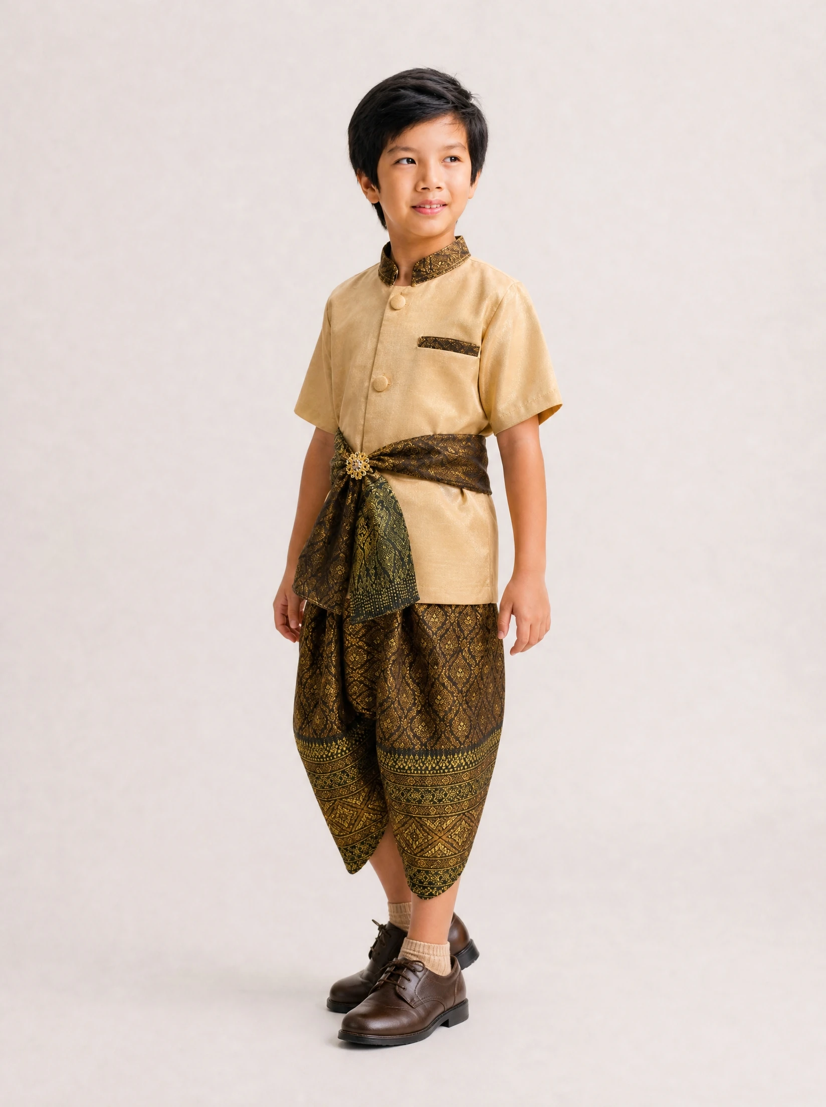 Kavin boys' Thai outfit in brown gold, turn view