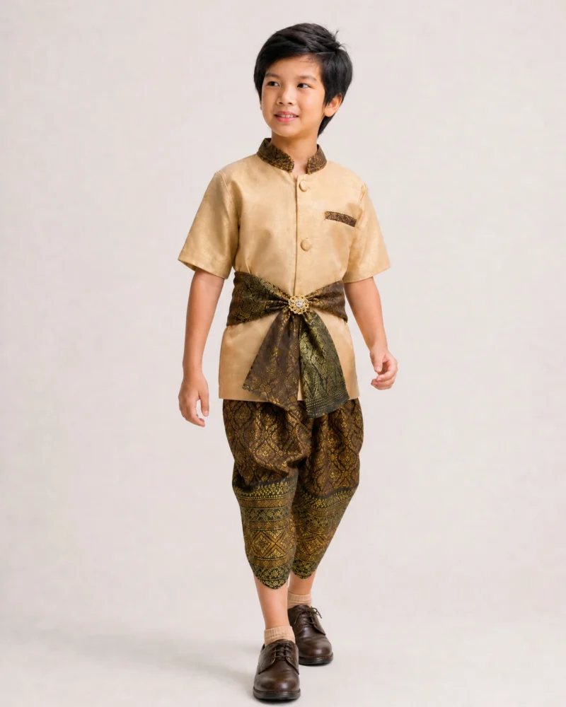 Kavin boys' Thai outfit in brown gold, walking view