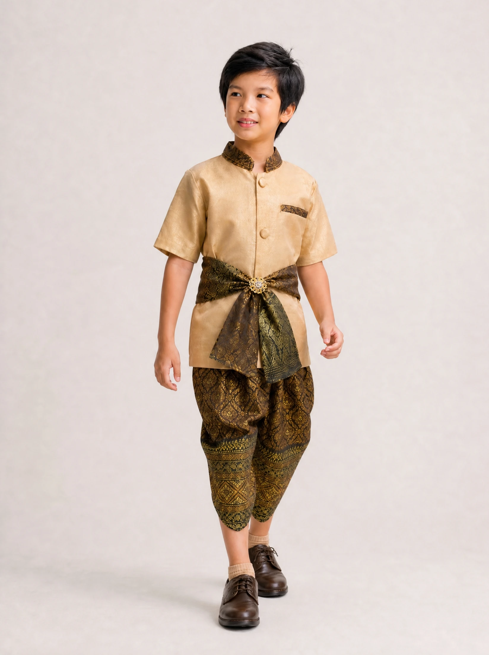 Kavin boys' Thai outfit in brown gold, walking view