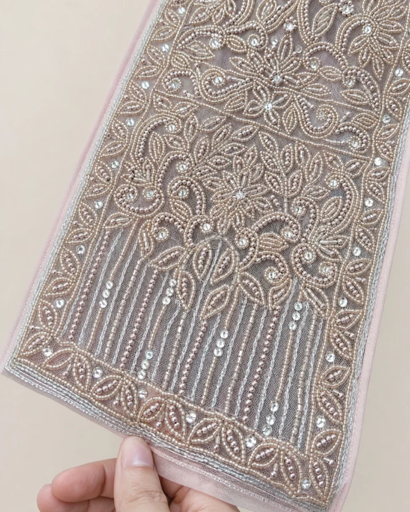 Khemika beaded floral Thai sabai in pink gold, detail view