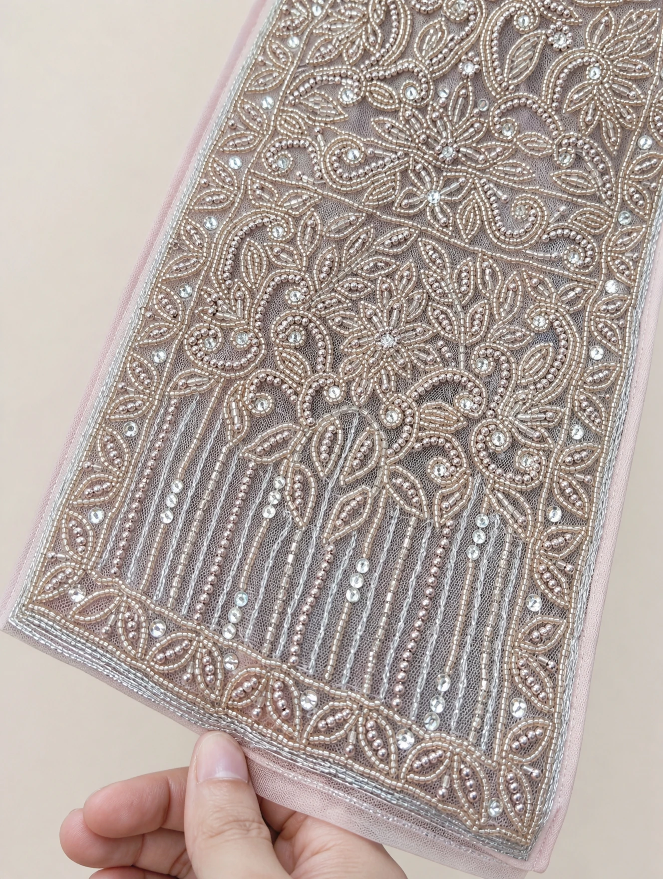Khemika beaded floral Thai sabai in pink gold, detail view