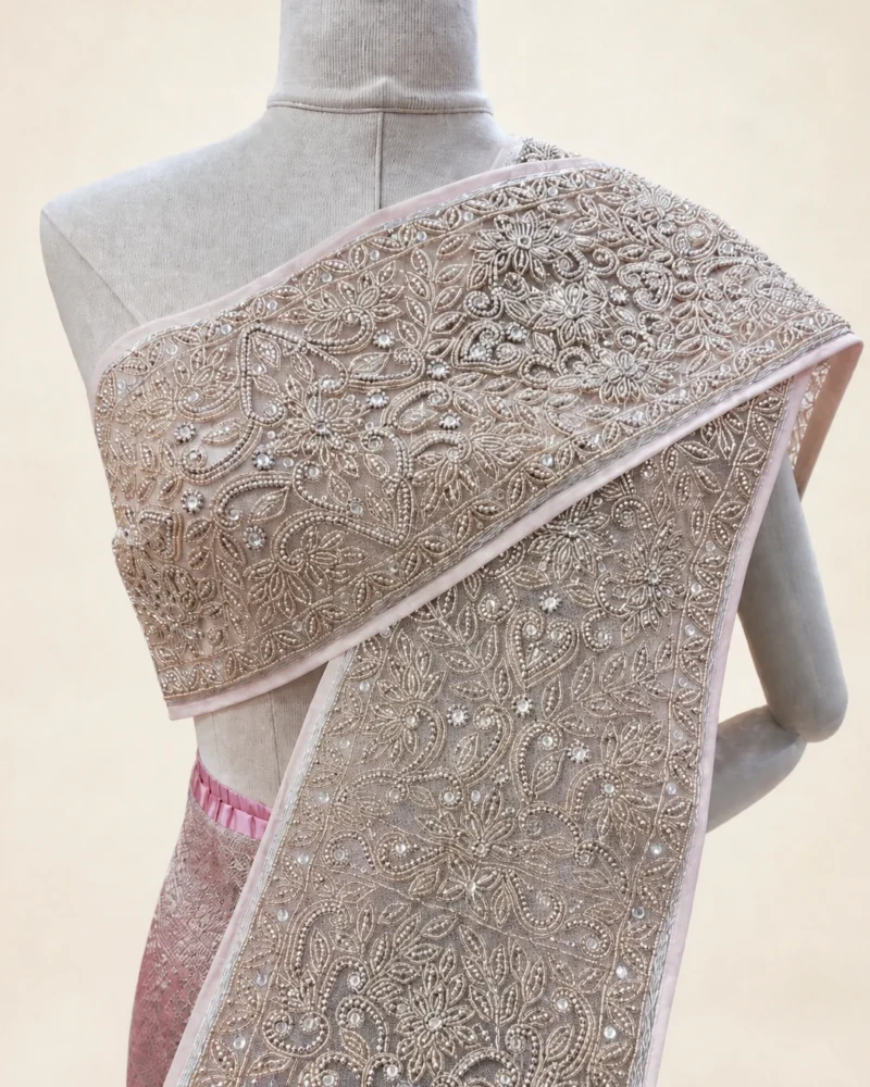 Khemika beaded floral Thai sabai in pink gold, main view