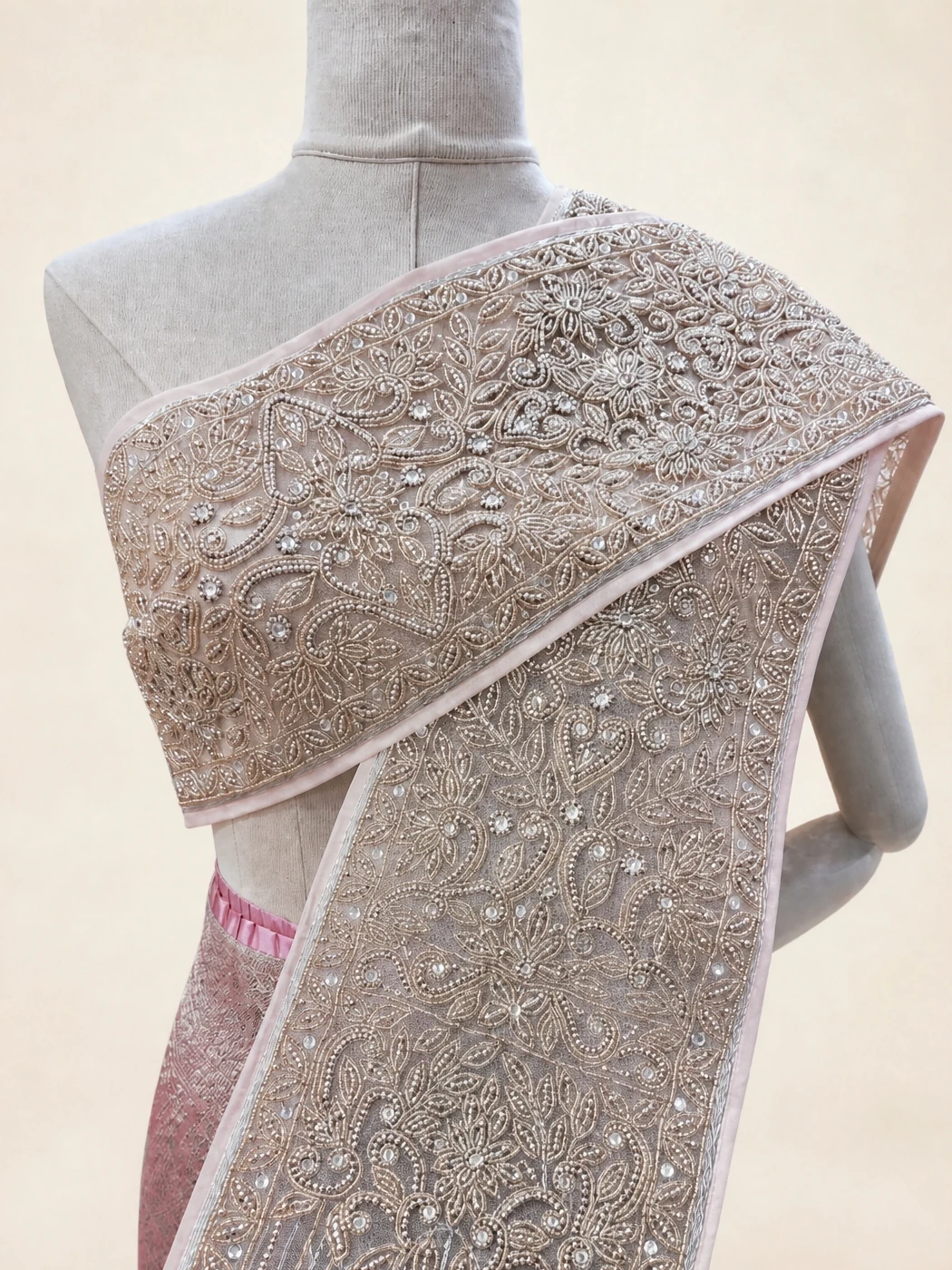 Khemika beaded floral Thai sabai in pink gold, main view