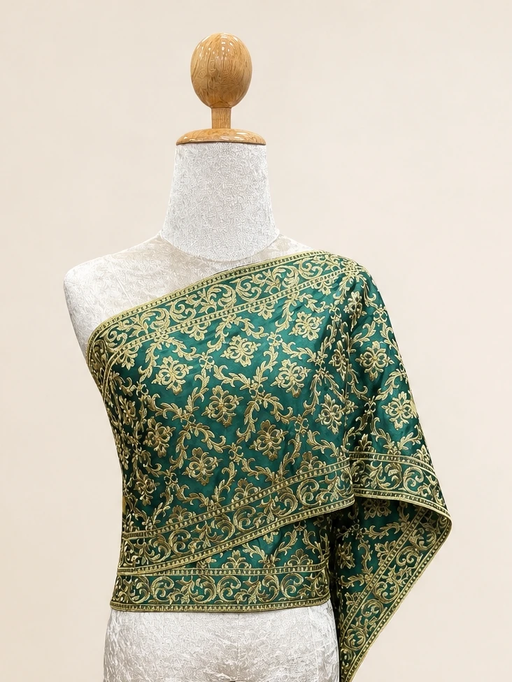 Lalinthip floral embroidered Thai sabai in green, main view