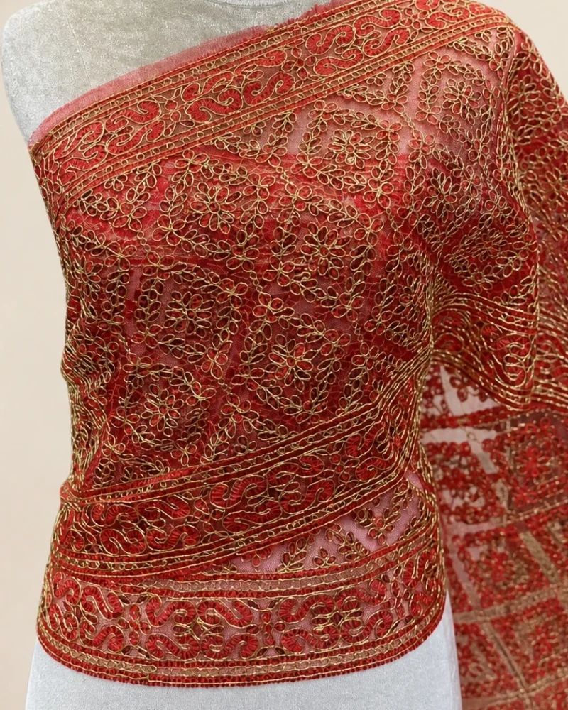 Mayuree floral lace Thai sabai in red, detail view