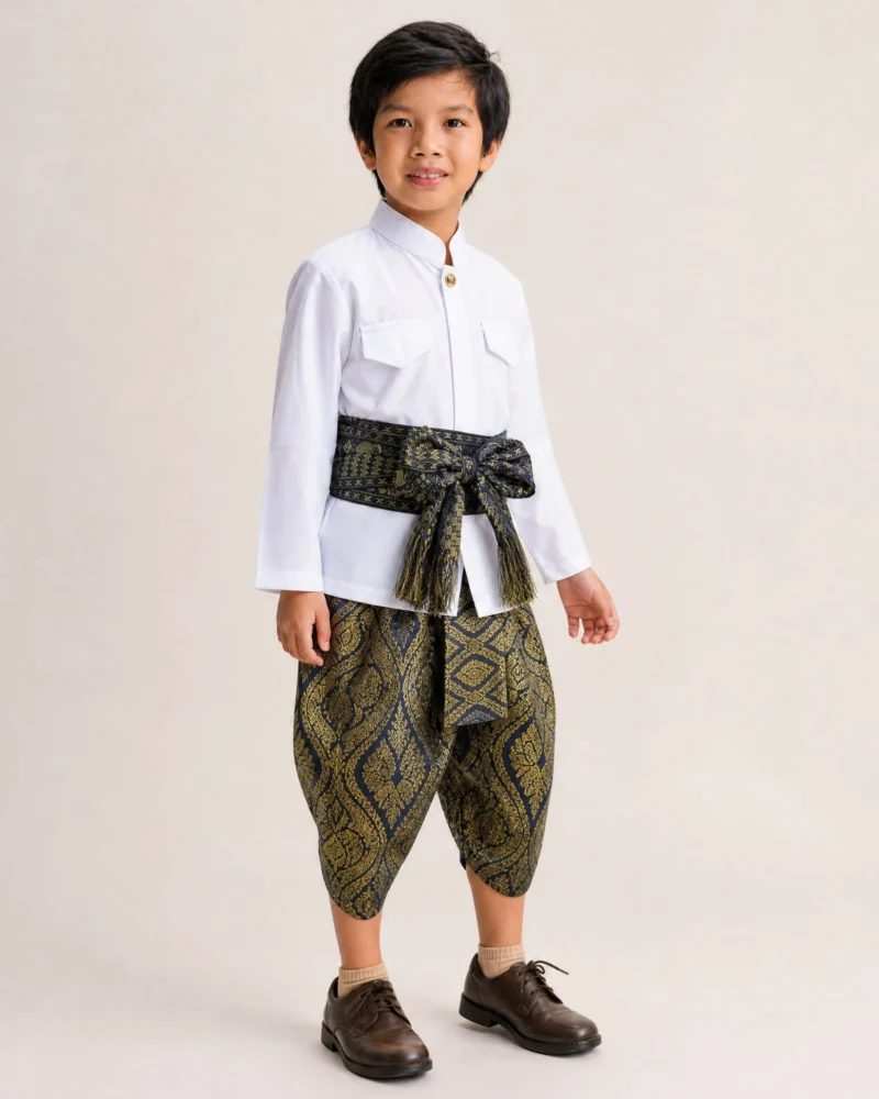 Nawin boys' Thai outfit in navy, turn view